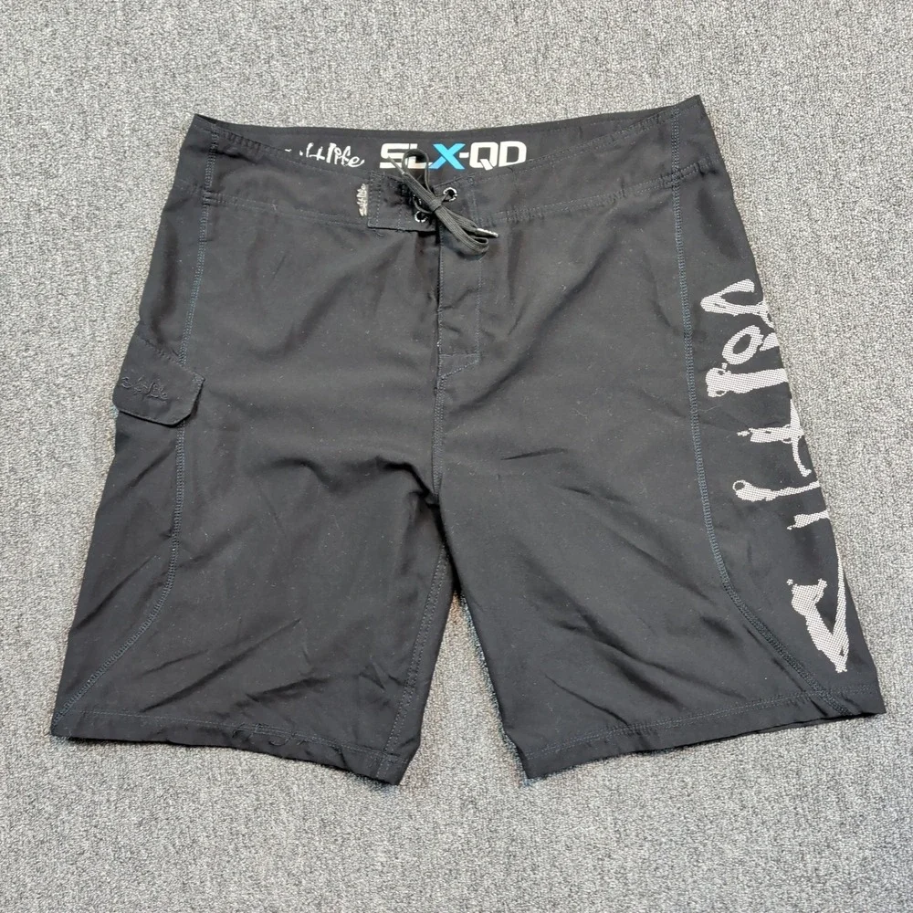 Salt Life SLX-QD Board Shorts 34 Black Quick Dry Surf Fishing Skull Graphic Logo